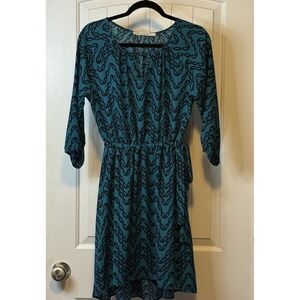 ✨41 Hawthorn Womens M Renesme Wrap Dress 3/4 Sleeve Blue Green Geometric EUC